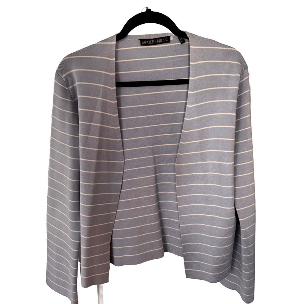 Lafayette 148 Silk Blend Slate Blue Striped Open Front Knit Cardigan Sz M